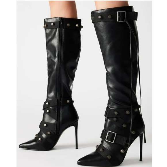 SOLD - NWOT Steve Madden Black Embellished Heeled Boots - Picture 2 of 4